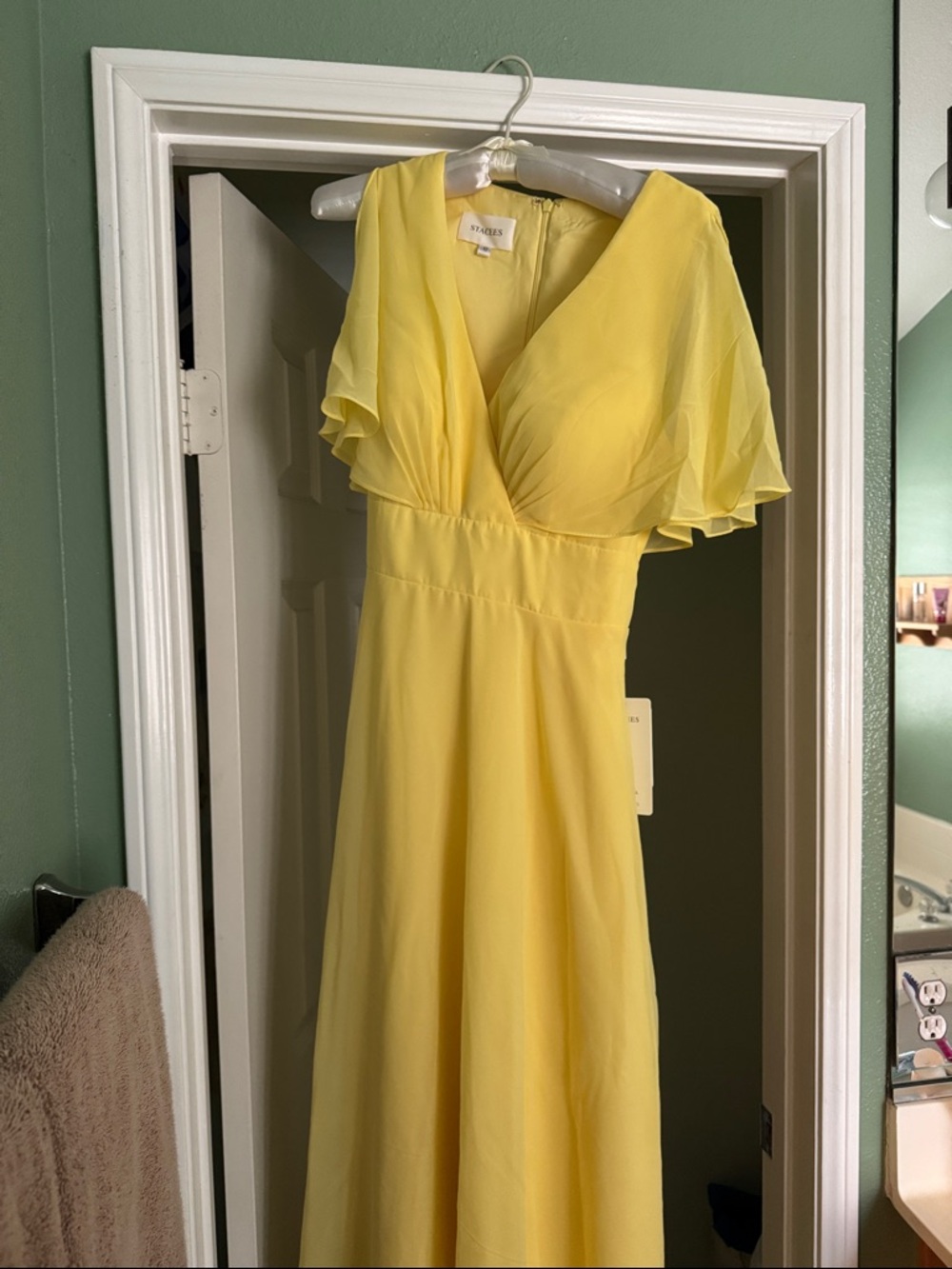 Stacees Lemon Chiffon Maxi Dress with Flutter Sleeves